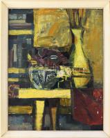 Túry Mária (1930-1992): Csendélet. Olaj, farost. Jelzett. Hátoldalán Képcsarnok Vállalat címkéjével. Sérült. Fakeretben. 80x60 cm.