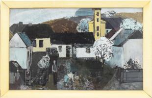 Vecsési Sándor (1930-2015): Falusi táj (alakokkal). Olaj, farost. Jelzett. Hátoldalán Képcsarnok Vállalat címkéjével. Üvegezett fakeretben. 50x80 cm.