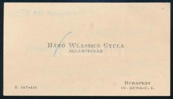 1939 Báró zalánkeméni ifj. Wlassics Gyula (1884-1962) jogász, kultúrpolitikus, államtitkár névjegyká...