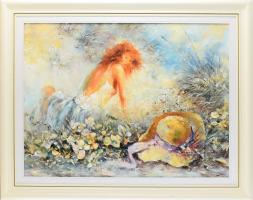 Bóna Jenő (1962-): Lány kalappal. Olaj, vászon, jelzett, dekoratív fakeretben, 60x80 cm
