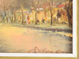 Bóna Jenő (1962-): Járókelők. Olaj, farost, jelzett, dekoratív fakeretben, 15x20 cm