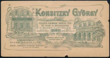cca 1910 Konsitzky György fűszerkereskedése a Fehér Kutyához, Szolnok, díszes szecessziós számolócédula, kis sérüléssel.