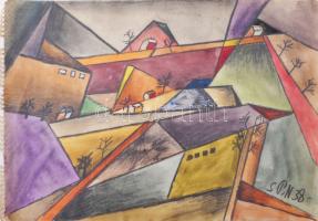 Nolipa István Pál (1907-1986): Modern táj, 1938. Ceruza, akvarell, papír. Jelzett. 24,5x34 cm