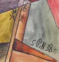 Nolipa István Pál (1907-1986): Modern táj, 1938. Ceruza, akvarell, papír. Jelzett. 24,5x34 cm