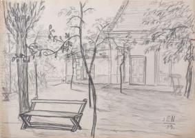Nolipa István Pál (1907-1986): Vasas otthon udvara, Csillag u. (Nagy Győri István u., Pesterzsébet), 1939. Ceruza, papír. Jelzett. 24,5x34 cm