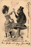 1905 Prosit Neujahr / New Year greeting art postcard with lady and monkey drinking champagne, mushrooms (EB)