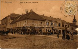 1910 Vinkovce, Vinkovci; Glavni trg sa kr. vel. gimnazijom. J. REich / Fő tér, Carl Grünfeld, Samuel Hahn, Adolf Preisz, Epstein, Kosta Theodorovic, Sigmund Franck üzlete / main square, shops (szakadások / tears)