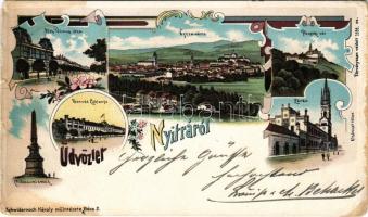 1900 Nyitra, Nitra; Tóth Vilmos utca, Püspöki vár, zárda, Honvéd laktanya, Milleniumi emlék. Schwidernoch Károly műintézete (Bécs) / street, bishop's castle, cloister, barrack, statue. Art Nouveau, floral, litho (b)