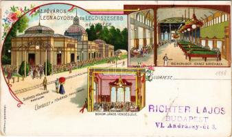 1898 (Vorläufer) Budapest XIV. Városligeti fővárosi pavillon. Bokor János vendéglője és Weingruber Ignác kávéháza, belső, biliárd terem. Kosmos Art Nouveau, floral litho (EK)