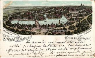 1898 (Vorläufer!) Budapest XIV. Városliget, Az Ezredéves Kiállítás panorámája. Eisler G. Art Nouveau litho (r)