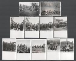 cca 1939 Magyar katonák Erdélyben: a kolozsvári Mátyás király emlékműnél, buszos csoportkép a nagybányai István király szálló előtt, stb., összesen 11 db fotó, 9x6 cm körüli méretben