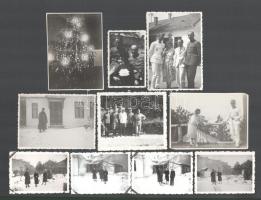 cca 1930-1935 Vegyes katonai fotók, közte nyári zsávoly egyenruhát viselő katonatiszt, csoportkép ,,Százados urnak a móri gyakorlat emlékeként" felirattal, stb., összesen 10 db fotó (közte egy karácsonyfát ábrázoló is), a hátoldalon részben feliratozva, 6x4 cm és 9x6 cm között