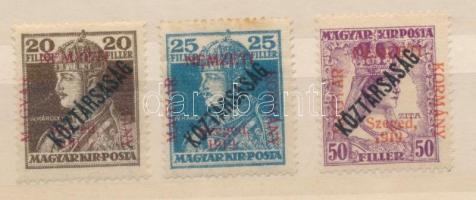 Szeged 1919 Károly/Köztársaság 20f, 25f és Zita/Köztársaság 50f, Bodor vizsgálójellel (**35.000)