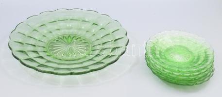 Anyagában színezett préselt zöld üveg köretes szett, 6 tállal, hibátlan, d: 18-33 cm