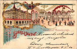 Budapest VII. Quisisana gyorsbüfé, Dob utca és Erzsébet körút sarka, étterem, belső. Kunstanstalt Kosmos Art Nouveau, floral, litho (EK)