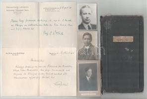1916 - 1922 Jendrassik György (1898-1954) a dízelmotorok és gázturbinák fejlesztése során kimagasló eredményeket elérő gépészmérnök fényképes műegyetemi leckekönyve, benne számos bejegyzéssel, neves műegyetemi tanárok aláírásaival, köztük Rados Gusztáv (1862-1942) matematikus, Réthy Mór (1846-1925) matematikus, fizikus, Bresztovszky Béla (1872-1941) gépészmérnök, Rejtő Sándor (1853-1928) gépészmérnök, Bánki Donát (1859-1922) gépészmérnök, feltaláló, Herrmann Miksa (1868-1944) gépészmérnök, műegyetemi tanár, kereskedelmi miniszter és mások aláírásaival. Benne további 3 fotóval. Valamint a Berlin-Charlottenburg Techniosche Hochschule 3 okmánya, kettőn Ernst Reichel (1857-1934) német gépészmérnök, Ernst Orlich (1868-1935) német fizikus aláírásaival.