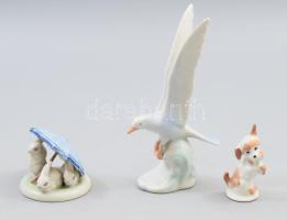 Hollóházi sirály + Aquincum kutya + Drasche nyulak. Jelzett, hibátlan, m: 14 cm alatt