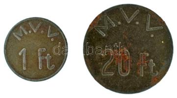 DN(~1950-1970) 1Ft Fe + 20Ft Fe "M.V.V." (Miskolci Villamos Vállalat (?)) közlekedési bárca T:XF, egyiken enyhe rozsdásodás