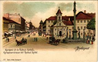 1901 Budapest VIII. Kerepesi út (Rákóczi út), Rókus kórház, lóvasút, pénz előleg. Ganz Antal 303. litho (EK)