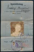 1920 Szeged, az újszegedi hídon a Tisza átlépésére jogosító fényképes igazolvány Erdélyi Rózsika rés...