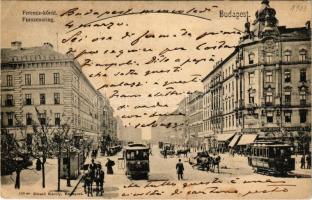 1903 Budapest IX. Ferenc körút, villamosok, Biehn János és Preisauh Mór üzlete. Divald Károly 138. sz. (Rb)