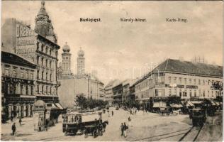 1907 Budapest V. Károly körút, Dohány utcai zsinagóga, villamosok, Dreher Antal sörfőzdéjének városi főraktára, Schlinger Ferenc első budapesti szűcs és szőrme áru raktára, sörcsarnok, Szikla D. fogorvos, Frank és Steiner, Kohn Mór és fiai és Spieler M. üzlete, Vörös Bak vendéglő (EK)