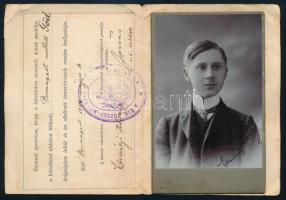 1906 Bp., M. Kir. Államvasutak (MÁV) tanuló-igazolvány Budapest Nyugati p.u. - Göd vonalra, Erdélyi István műegyetemi hallgató részére, beragasztott keményhátú fotóval