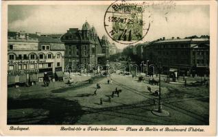 1926 Budapest VI. Berlini tér a Teréz körúttal, Nyugati pályaudvar, vasútállomás, Moskovics Emil üzlete (az épület már nincs meg), Hotel Westend szálloda, villamos. TCV card (EK)