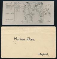 1965 Humoros karikatúrával illusztrált házibuli meghívó, borítékkal, 6,5x14 cm