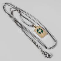 Ezüst (Ag) golyós nyaklánc zománcozott aranyozott lóhere medállal, jelzett, h: 74 cm; 2,5×1,2 cm, bruttó: 7,3 g