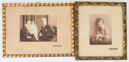 cca 1930 Családi fotók, 2 db kartonra kasírozott fotó Bauer Ágoston rákospalotai fényképész műterméből, mindkettő korabeli, dekoratív üvegezett keretben (az egyik hátoldalán Kele László rákospalotai képkeretező címkéjével), fotó: 12,5x17 cm és 14,5x10,5 cm, külső méret: 25x33,5 cm és 27,5x24,5 cm