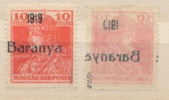 Baranya I. 1919 2 db Károly 10f, az egyik a felülnyomás gépszínátnyomatával, Bodor vizsgálójellel