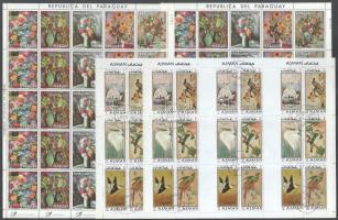 Festmény motívum tétel, kereskedői hagyaték, benne 357 db bélyeg + 4 ív, 3 db A/4 berakólapon