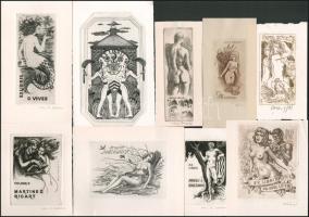 Klf. magyar és külföldi alkotók (Molnár Dénes, Kiss Terézia, Kékesi László atb.): 17 db női és férfi akt ex libris és kisgrafika. Klf. technikák, papír. Részben jelzett. Klf. méretekben.
