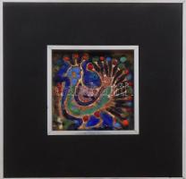 Buzás Árpád: Páva. Tűzzománc kép, keretezett, hibátlan, jelzés nélkül, 9,5x9,5 cm, kerettel 21,5x21,5 cm