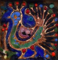 Buzás Árpád: Páva. Tűzzománc kép, keretezett, hibátlan, jelzés nélkül, 9,5x9,5 cm, kerettel 21,5x21,...