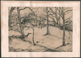 Covrig jelzéssel, feltehetően erdélyi művész: Ház a fák mögött. Tus, papír, lapszéli szakadással. Paszpartuban. 21x30 cm