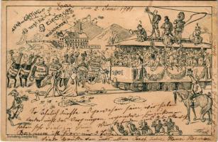 1901 Gösting bei Graz, Anna von Gösting heisst die Electrische Willkommen! Druck und Verlag Senefelder / Austrian humour art postcard, tram rolling on beer barrels, electricity, wine, champagne s: artist signed (r)