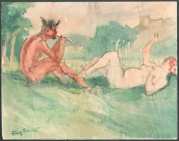 Fáy Dezső (1888-1954): Női akt és pánsípon játszó faun. Akvarell, papír, jelzett. 23x29 cm.