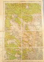 1943 Budapest és Szentendre környéke, 1:50.000, Bp., M. kir. Honvéd Térképészeti Intézet, vászonra kasírozott, egy szelvény sérült, 64x46 cm