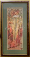 Dekoratív Mucha nyomat, üvegezett keretben, 26x9 cm, 35x17 cm