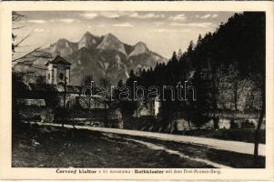 Vöröskolostor, Cerveny Klástor (Alsólehnic, Pod Lechnica); Cerveny klastor s tri korunama / Rothkloster mit dem Drei-Kronen-Berg / Vörös Klastrom és Koronahegy. Josef Strompf kiadása / monastery, Tri Koruny mountain