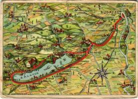 1937 Balaton. Térkép útvonallal Budapestről (Klösz) s: M. Coreth (fa)
