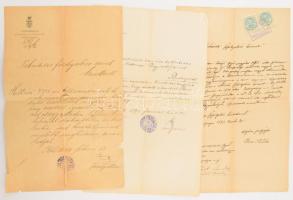 1893 Zalaegerszeg, Tényő községből származó személy hivatalos levele a sokoróaljai járás főszolgabírájának, 2x25kr okmánybélyeggel + 1894-1895 Téth (Tét), Győrvármegye sokoróaljai járásának főszolgabírája által kiállított 2 db hivatalos irat, sérülésekkel