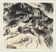 Barzó Endre (1898-1953): Tihanyi táj, 1943. Pittkréta, papír. Jelezve balra lent. Üvegezett fakeretben. Hátoldalán kiállítási raglappal. 27x29,5 cm