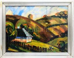 Soltész Albert (1926-2015): Ősz a Beszkidekben (Lengyelország/Poland), 1970-80 körül. Olaj-tempera, papír. Jelezve jobbra lent. Hátoldalán kiállítási raglappal. Üvegezett, dekoratív, kissé sérült fakeretben. . 60x80 cm / oiltempera on paper, signed, framed