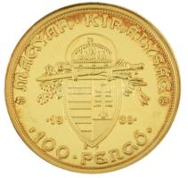 1938. 100P "Szent István" aranyozott Ag utánveret kapszulában (5,50g/0.999/25mm) T:PP