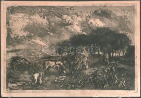 Elekfy Jenő (1895-1968): Lovasszekér (betakarítás). Rézkarc, papír, jelzett, lap alja kissé sérült, 19×296 cm
