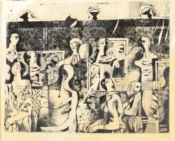 Túry Mária (1930-1992): Kávéház. Rézkarc, papír, jelzett, lap teteje kissé sérült, hiányos paszpartuban, 24×30 cm