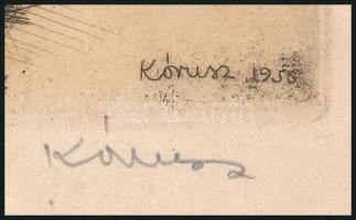 Kórusz József (1927-2010): Aratás, 1955. Színezett rézkarc, papír, jelzett, kartonra kasírozva, bal ...